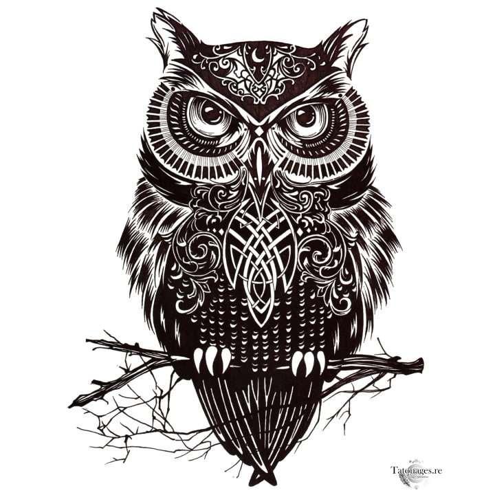 Tatouage éphémère noir : Hibou Mystique Ornemental