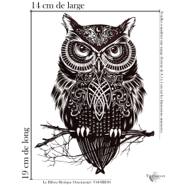 Tatouage éphémère noir : Hibou Mystique Ornemental (Dimensions)