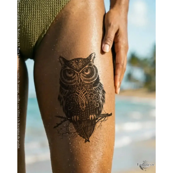 Tatouage éphémère noir : Hibou Mystique Ornemental (sur cuisse)