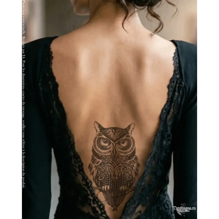 Tatouage éphémère noir : Hibou Mystique Ornemental (sur bas du dos)