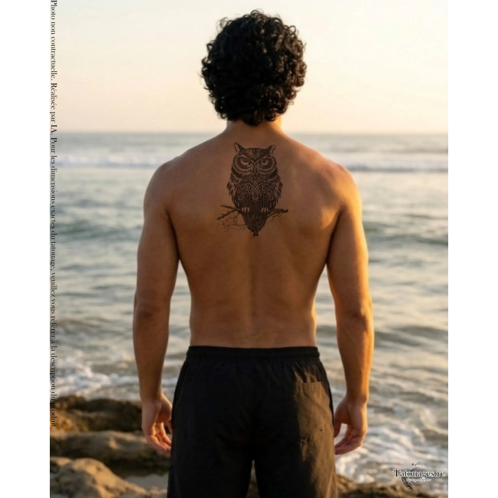 Tatouage éphémère noir : Hibou Mystique Ornemental (sur haut du dos)