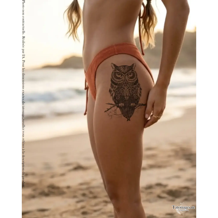 Tatouage éphémère noir : Hibou Mystique Ornemental (sur hanche)