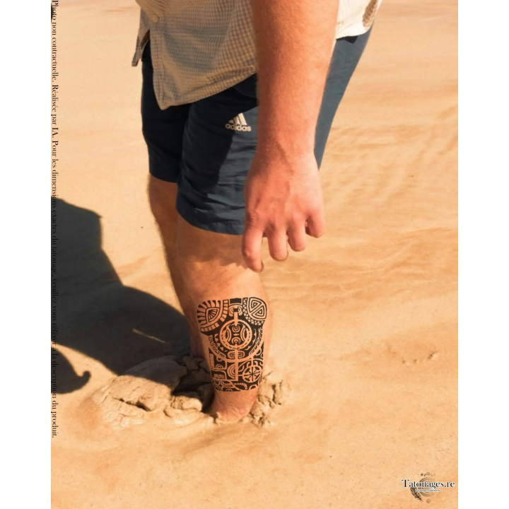 Tatouage éphémère noir : Totem Ancestral Polynésien (sur jambe)