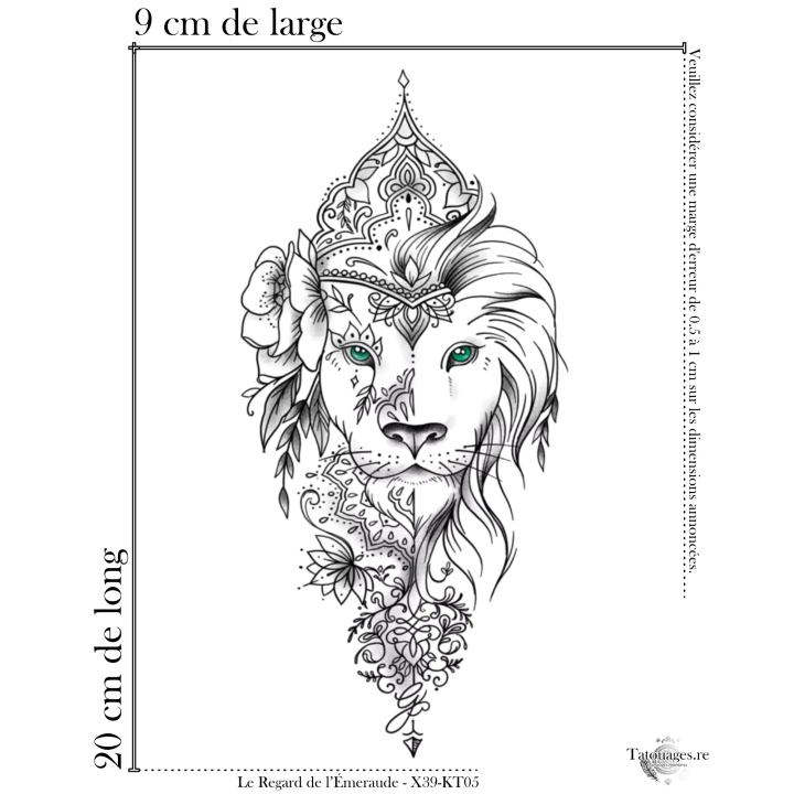 Tatouage éphémère coloré : Le Regarde de l'Émeraude (Dimensions)