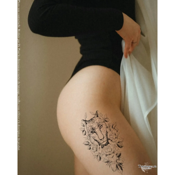 Tatouage éphémère noir : Regard Sauvage sur cuisse)