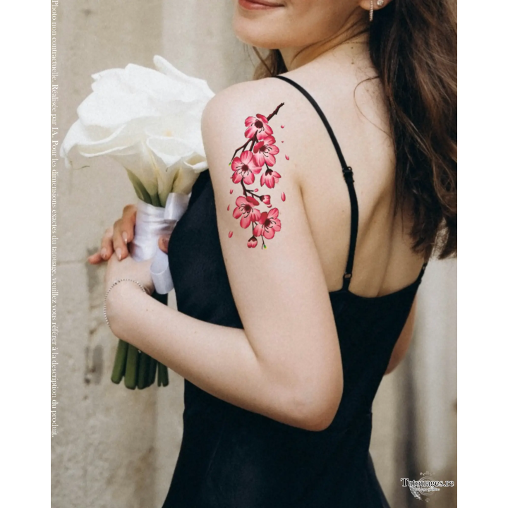 Tatouage éphémère coloré : Souffle de Sakura. (sur épaule)