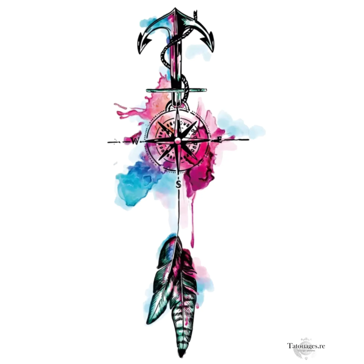 Tatouage éphémère ancre boussole et plumes style aquarelle rose et bleu - Boutique en ligne La Réunion 974