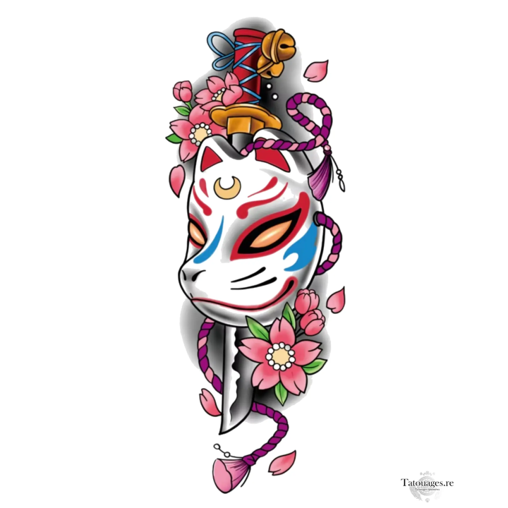 Tatouage Éphémère Masque Kitsune & Dague - Le Secret de Kitsune (20x7.5cm) - Stock et livraison à La Réunion (974) et en France.