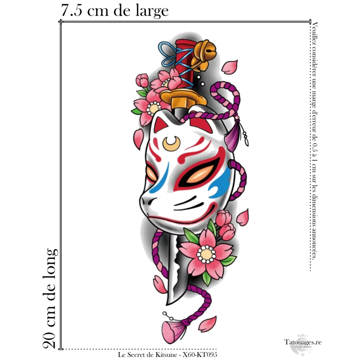 Dimensions et format du grand tatouage temporaire japonais kitsune et dague 20x7.5 cm