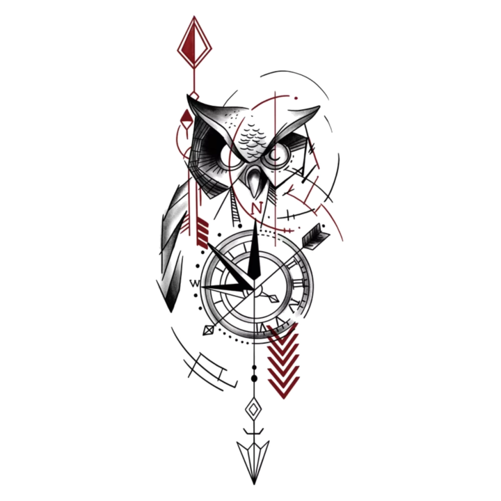 Tatouage éphémère géométrique avec hibou, boussole, horloge et flèche  Le Gardien du Temps - Boutique en ligne La Réunion 974