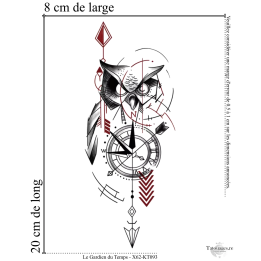 Dimensions et format du grand tatouage temporaire fineline hibou et horloge 20x8 cm