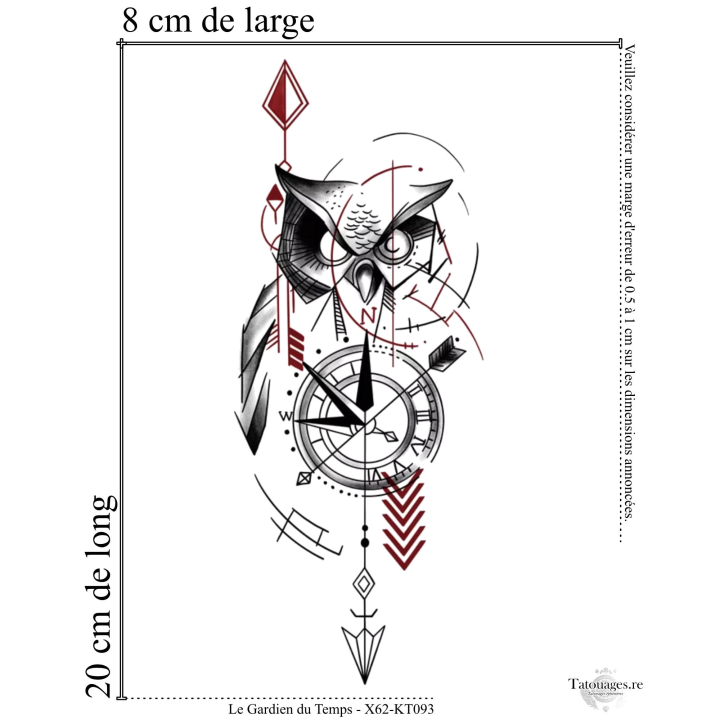 Dimensions et format du grand tatouage temporaire fineline hibou et horloge 20x8 cm