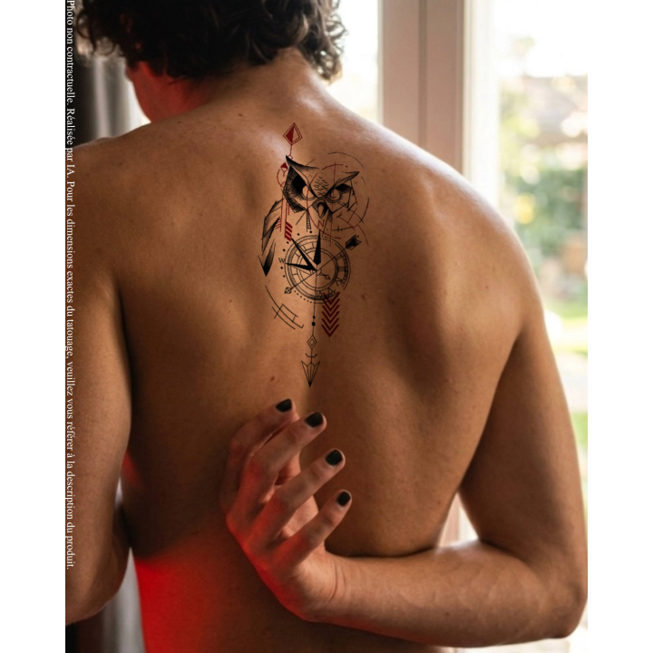 Rendu réaliste du tatouage éphémère fineline noir et bordeaux dans le dos