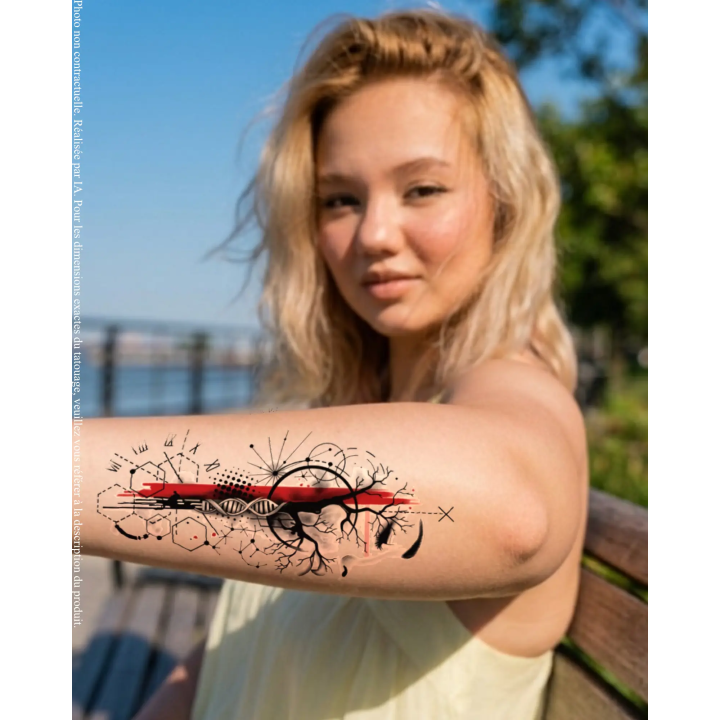 Rendu réaliste du tatouage éphémère bio-géométrique et scientifique sur l'avant-bras