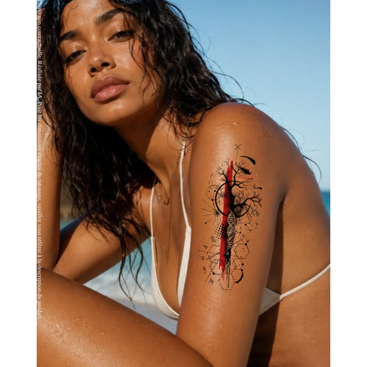 Tatouage éphémère Trash Polka abstrait L'Empreinte de la Genèse appliqué verticalement sur le bras