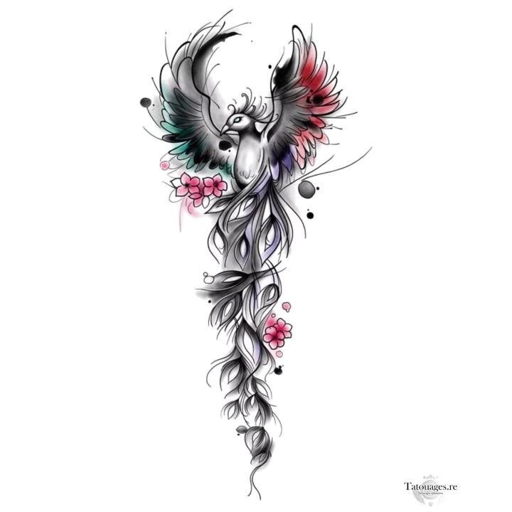 Tatouage éphémère oiseau phénix de style aquarelle rose et violet L'Éveil du Phénix - Boutique en ligne La Réunion 974