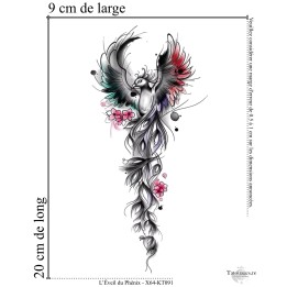 Dimensions et format du grand tatouage temporaire phénix aquarelle 20x9 cm