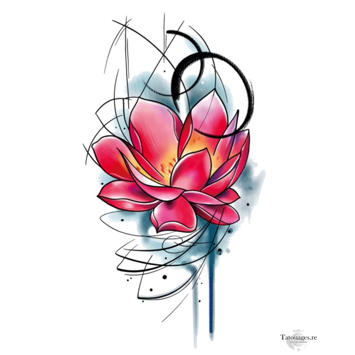 Tatouage éphémère fleur de lotus fuchsia et bleu style croquis aquarelle La Renaissance du Lotus