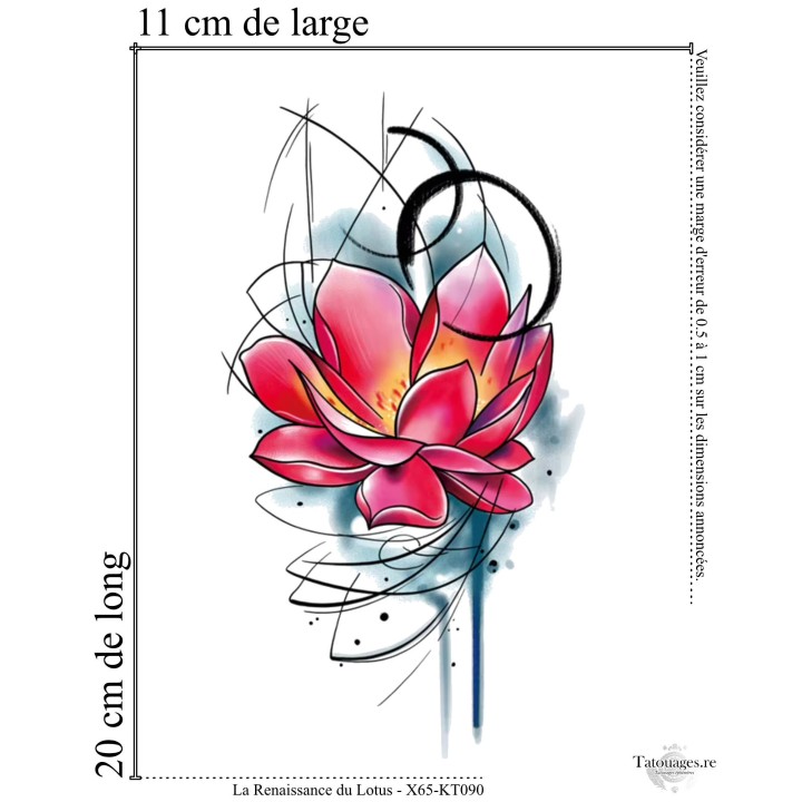 Dimensions et format du grand tatouage temporaire lotus aquarelle 20x11 cm