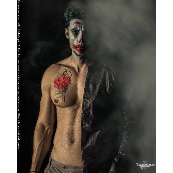 Rendu réaliste du tatouage éphémère floral fuchsia et bleu sur le torse ou le flanc