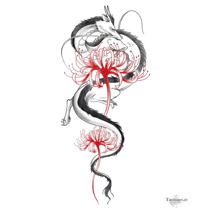 Tatouage éphémère dragon blanc japonais et fleurs de lycoris rouges higanbana Le Serment du Dragon