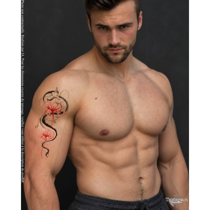 Tatouage éphémère dragon japonais Le Serment du Dragon appliqué le long du biceps