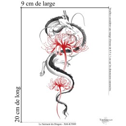 Dimensions et format du grand tatouage temporaire dragon asiatique et fleurs 20x9 cm
