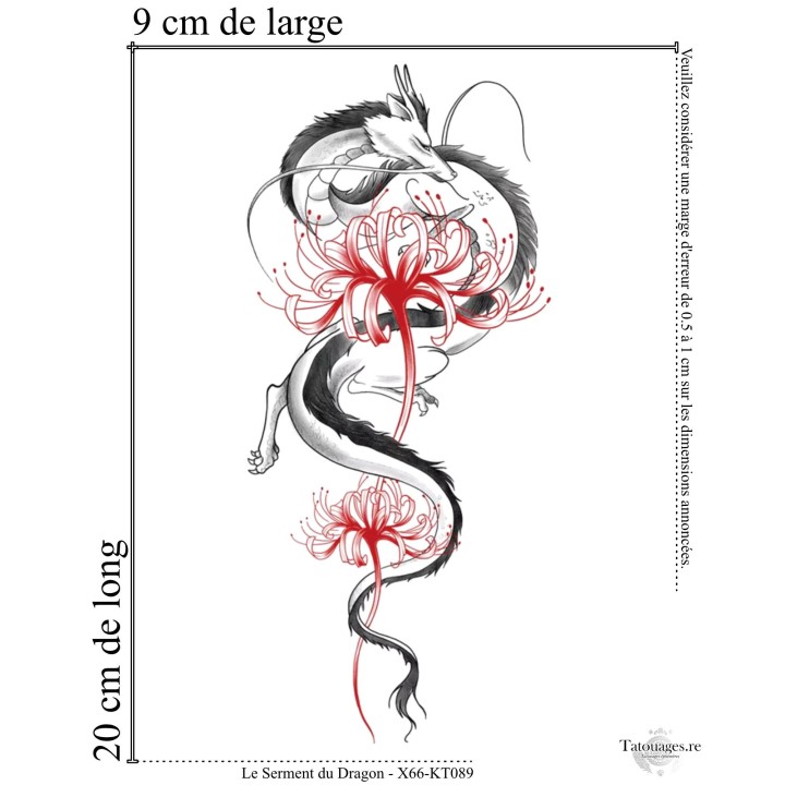 Dimensions et format du grand tatouage temporaire dragon asiatique et fleurs 20x9 cm