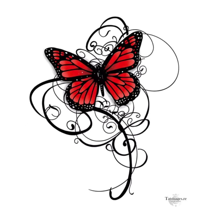 Tatouage éphémère papillon monarque rouge écarlate et arabesques noires Le Métamorphe de Carmin