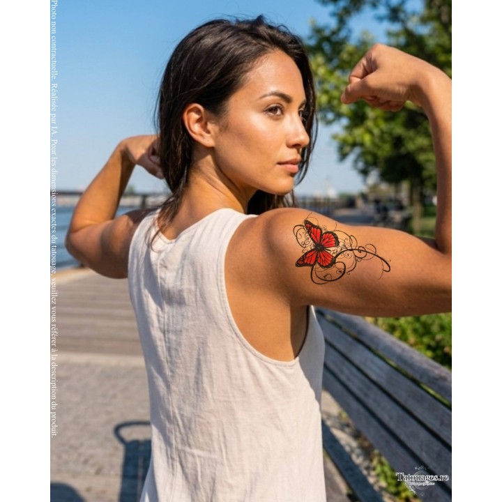 Tatouage éphémère papillon rouge Le Métamorphe de Carmin appliqué sur le bras