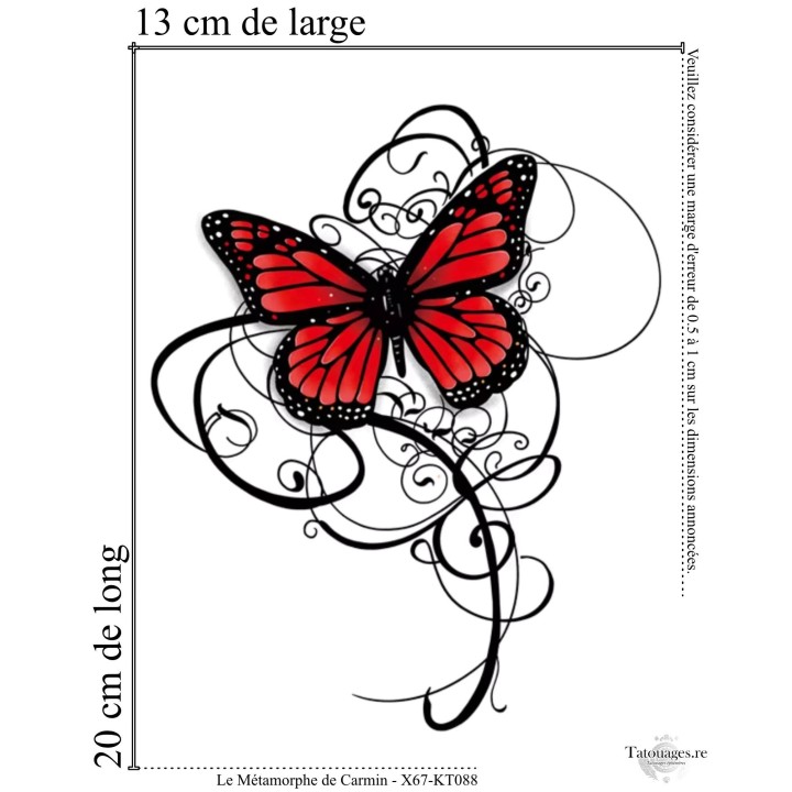 Dimensions et format du grand tatouage temporaire papillon rouge ornemental 20x13 cm