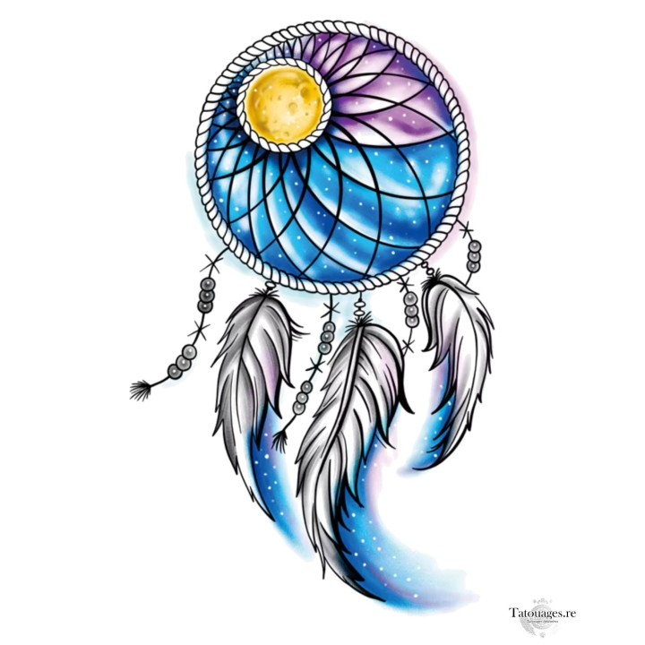 Tatouage éphémère attrape-rêves cosmique lune dorée et galaxie bleue Le Tisseur de Songes