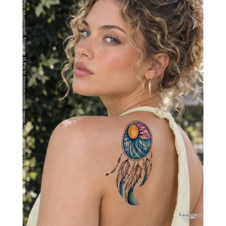 Tatouage éphémère attrape-rêves galaxie Le Tisseur de Songes appliqué sur l'omoplate