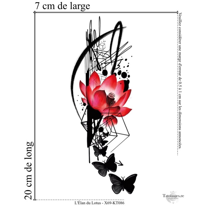 Dimensions et format du tatouage temporaire vertical lotus et papillons 20x7 cm