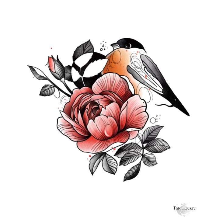 Tatouage éphémère oiseau bouvreuil orange et pivoine corail Le Chant de la Pivoine - Boutique en ligne La Réunion 974