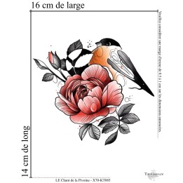 Dimensions et format du grand tatouage temporaire oiseau et fleur de pivoine 16x14 cm