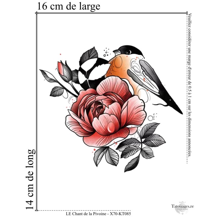 Dimensions et format du grand tatouage temporaire oiseau et fleur de pivoine 16x14 cm