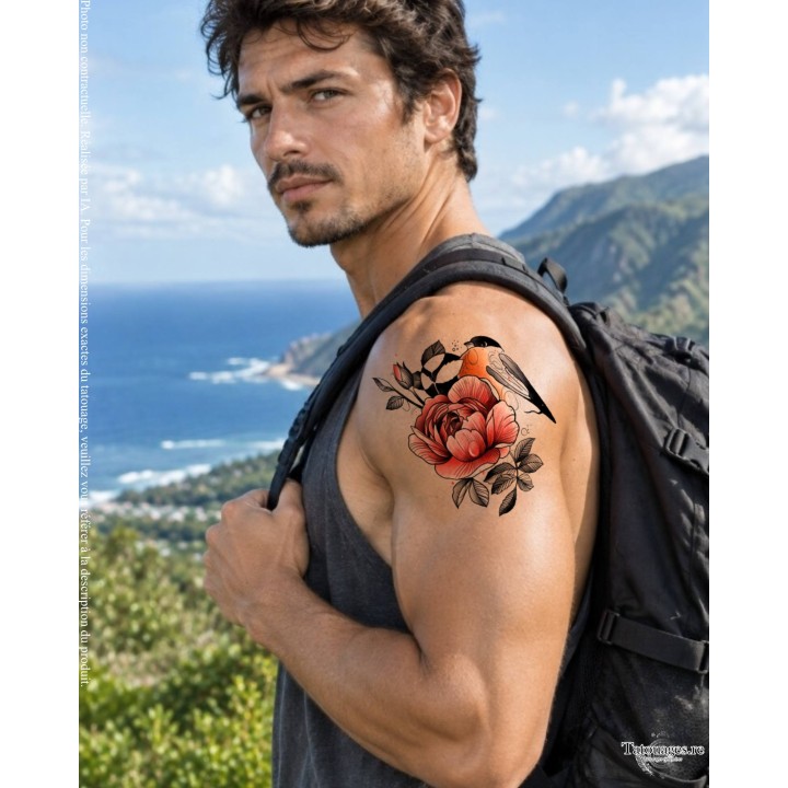 Tatouage éphémère floral et oiseau Le Chant de la Pivoine appliqué sur l'épaule