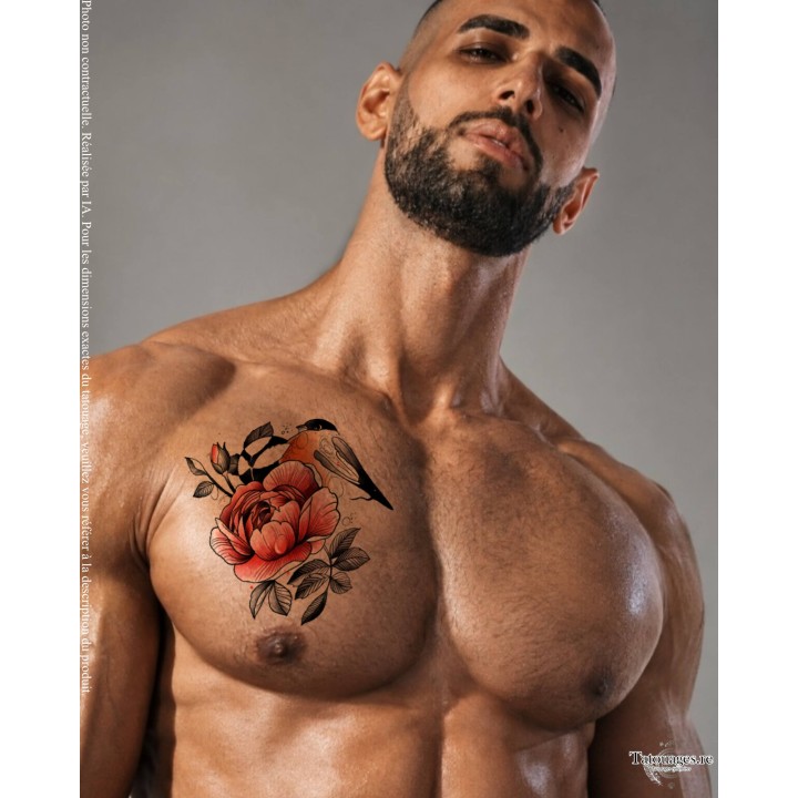 Rendu réaliste du tatouage éphémère floral corail et noir sur le torse