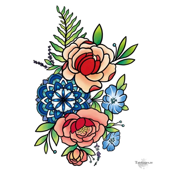 Tatouage éphémère bouquet de pivoines pêche et mandala bleu L'Écrin d'Anatolie - Boutique en ligne La Réunion 974