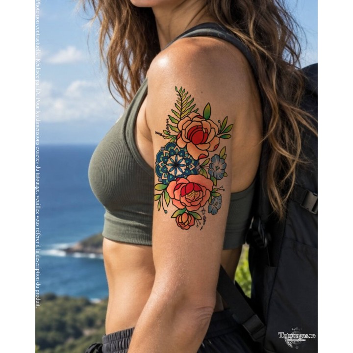 Tatouage éphémère pivoines et mandala L'Écrin d'Anatolie appliqué sur le bras