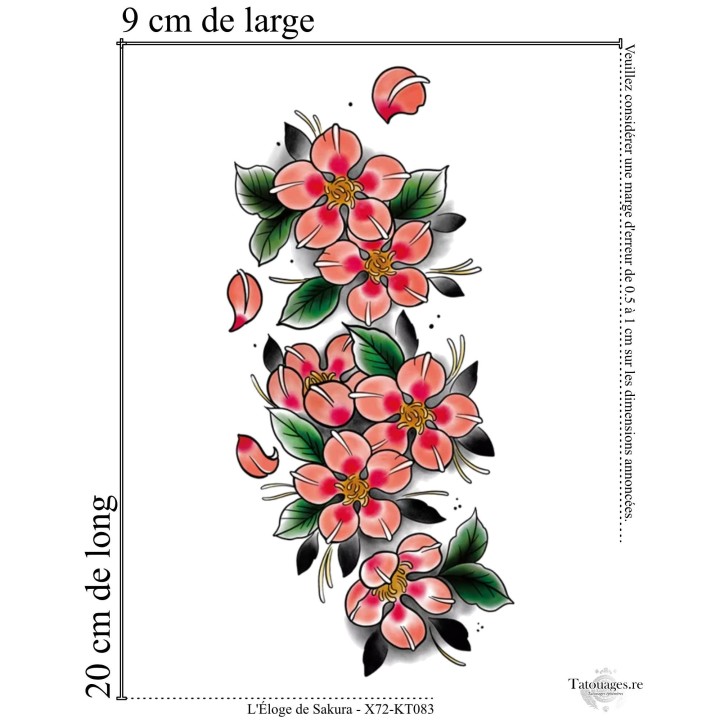 Dimensions et format du tatouage temporaire vertical fleurs de sakura 20x9 cm