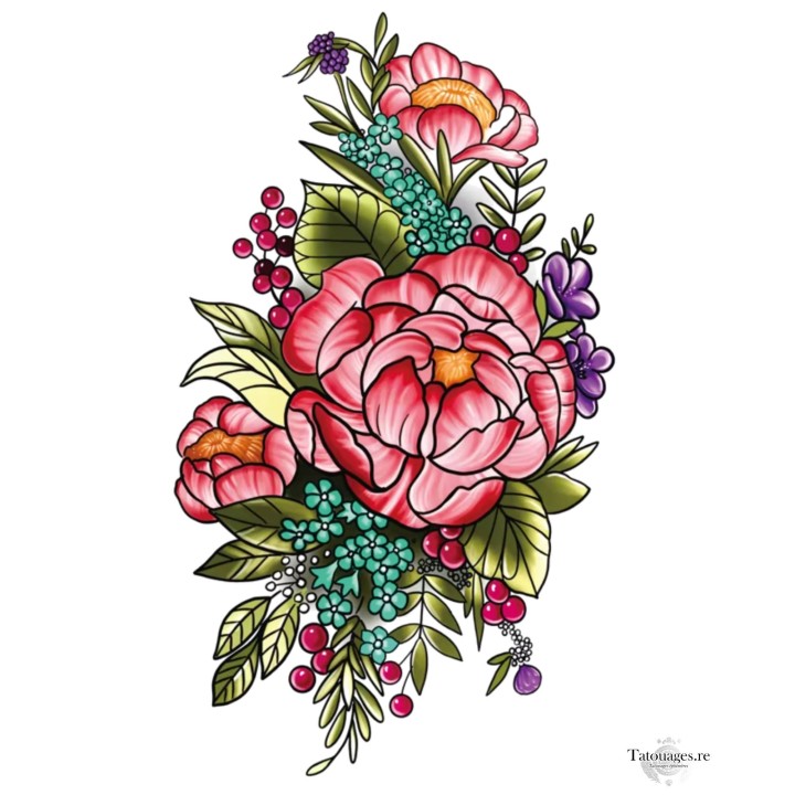 Tatouage éphémère bouquet de pivoines fuchsia baies rouges et fleurs turquoise Le Nectar de Flore