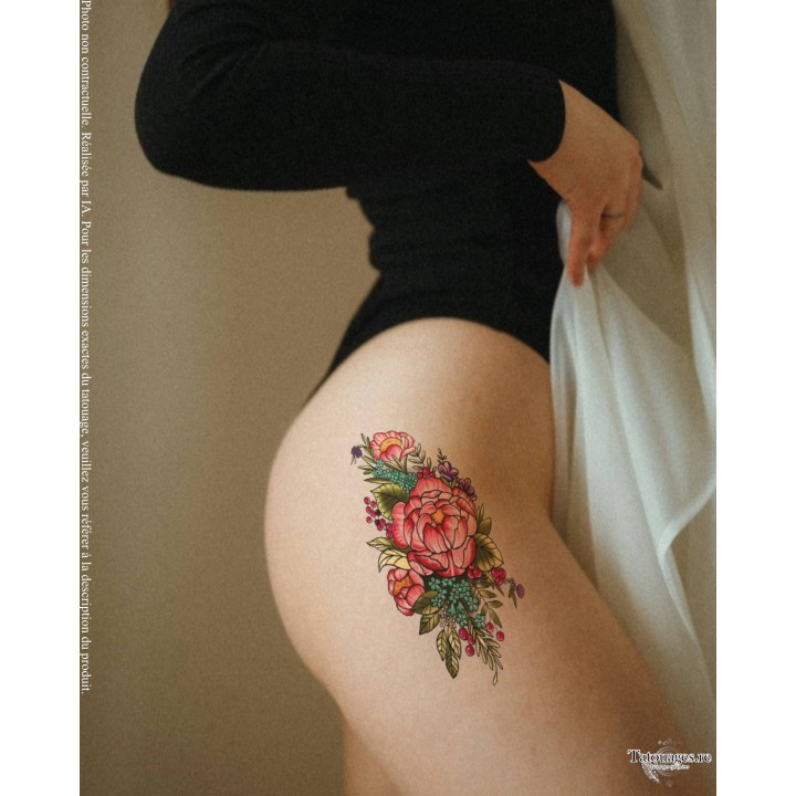 Grand tatouage temporaire bouquet floral néotraditionnel et baies porté sur la cuisse