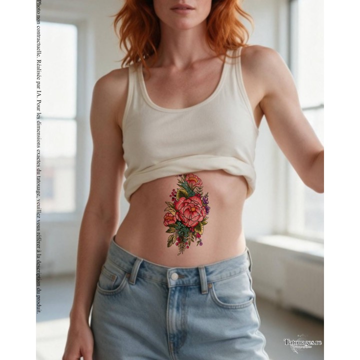 Rendu réaliste du tatouage éphémère fleurs et baies sauvages sur le ventre