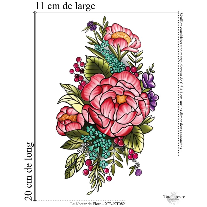 Dimensions et format du grand tatouage temporaire pivoines et baies 20x11 cm