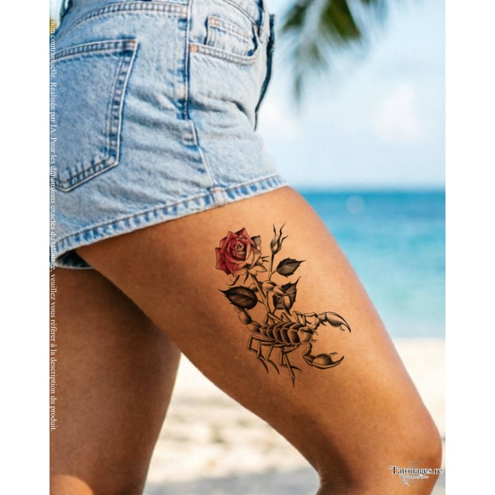 Grand tatouage temporaire scorpion néotraditionnel et rose porté sur la cuisse