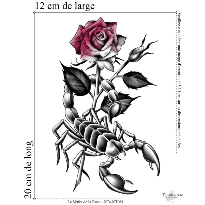 Dimensions et format du grand tatouage temporaire scorpion et rose 20x12 cm