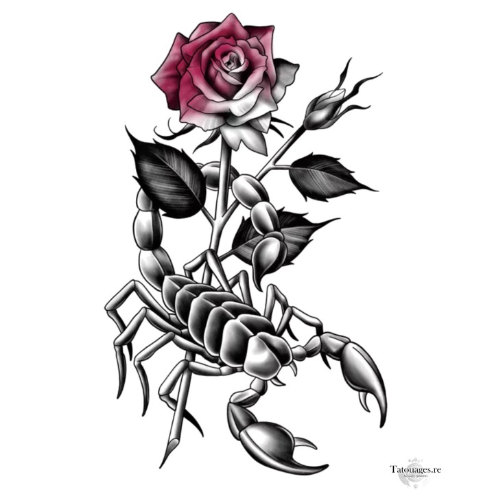 Tatouage éphémère scorpion noir et rose rouge néotraditionnel Le Venin de la Rose