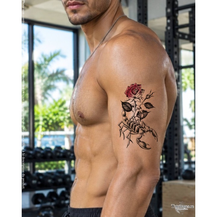 Tatouage éphémère scorpion et rose rouge Le Venin de la Rose appliqué sur le bras